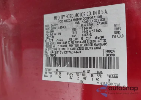 1999 Mazda B3000 Se/Tl из США, поврежденный, VIN 4F4ZR16V1XTM37463